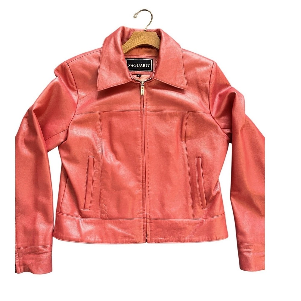Women's Saguaro Hot Pink Leather Full Zip Moto Biker Leather Jacket Size Large